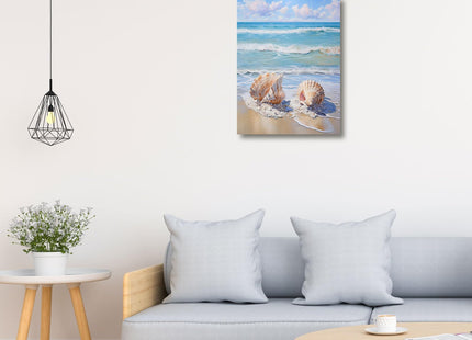 daktenn Beach Picture Decor Ocean Painting Canvas Wall Art Prints of Seashell on Sandy Seaside Coastal Seashell Conch Wall Art for Living Room Wall Decor Bathroom Wall Art 12"x16"