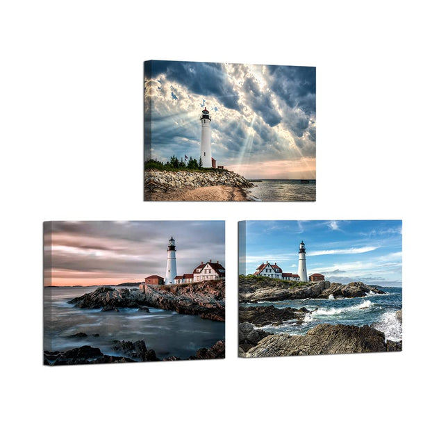 HOMEOART Lighthouse Painting Canvas Prints Ocean Landscape Coastal Beach View Modern Artwork Home Office Bedroom Bathroom Decor 12"x16"x3 Panels