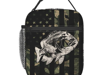 Anyako Fishing Camouflage American Flag Bass Lunch Box, Portable Insulated Lunch Bag with Detachable Handle,Reusable Lunchbox for Boys Girls Men Women Adults