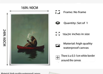 Sasquatch Canvas Wall Art Vintage Fishing Boat Wall Art Fun Bigfoot Painting In Red Canoe On Bigfoot Fishing Poster Canvas Living Room Bathroom Bedroom Print 16x24 Inch Unframed