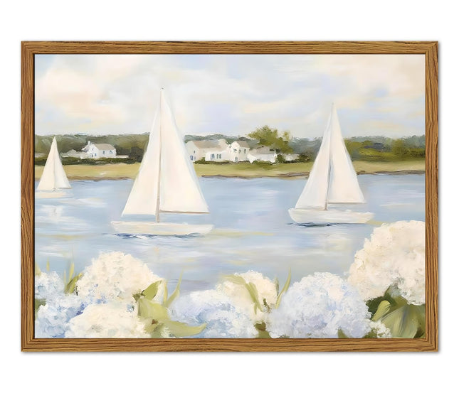 Framed Vintage Hydrangea Floral Wall Art, Blue Coastal Sailboat Pictures Wall Decor, Summer Nautical Landscape Paintings Canvas Prints Artwork for Home Living Room Bedroom 12x16 inch