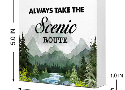 Green Always Take the Scenic Route Woodland Backdrop Camping Wood Plaque Sign Desk Decor,Rustic Camping Quote Wood Block Sign Desk Decoration for Home Camper RV Shelf Table Decor