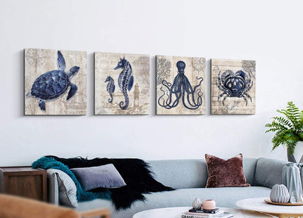 Pinetree Art 4 Panel Bathroom Wall Art Decor - Ocean Theme Canvas Prints Sea Animal Octopus Seahorse Crab Turtle Pictures Livingroom Posters - 12" x 12" x 4 pcs