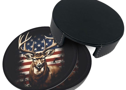 Neukim 6 Pcs American Hunting Deer Leather Coasters for Drinks with Holder Round Mug Mat Table Desk Coasters Set Cup Coasters for Living Room Kitchen Coffee Decor