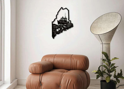 Maine State Map with Fishing Boat Metal Wall Art Decor, Outdoor Decor Metal Signs, Nautical Coastal Style, Elegant Artwork, Wall Decor for Living Room and Office Space (Black,20inch)