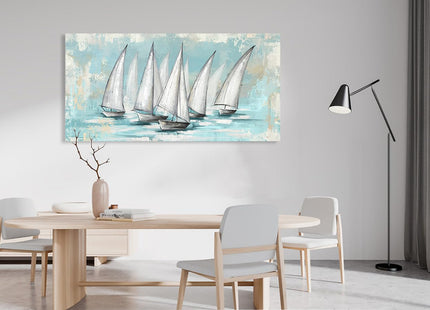 Shoci Ocean Sailboat Wall Art, White Sailing Boat Canvas Decor, 24" X 48"