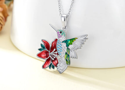PEIMKO Hummingbird Necklace Enamel Hummingbird Pendant Necklace Sterling Silver Cute Aniamal Bird Necklace with Flower Bird Pendant for Women