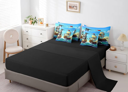 Erosebridal Sailboat Bed in A Bag Full Sailing Ship Nautical Comforter Set 7 Piece for Kids Boys,Ocean Wave Bedding Set Cartoon Pirate Ship Bed Sheets Set with Comforter