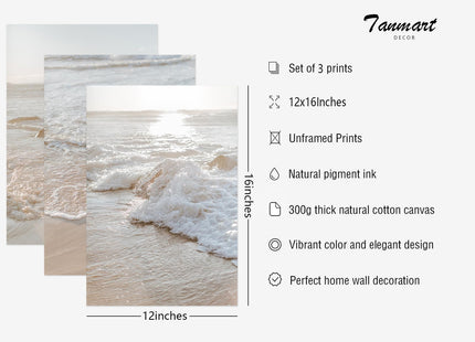 Beach Wall Art Decor Coastal Wall Art Pictures Ocean Canvas Wall Art Beige Beachy Wall Decor Boho Beach Prints Ocean Painting Coastal Artwork for Bedroom Living Room 12x16 Inch Unframed Set of 3