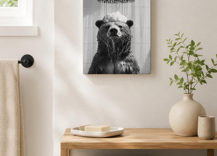 Black and White Bear Bathroom Wall Art, Funny Framed Canvas Decor