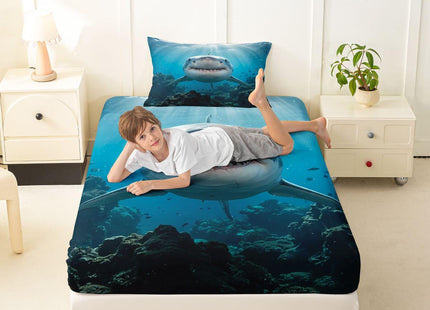 Feelyou Shark Bed Sheet for Kids Ocean Creature Sheet Set Sea Animal Fitted Sheet 1 Flat Sheet & 1 Sheet with 1 Pillowcase (Twin)