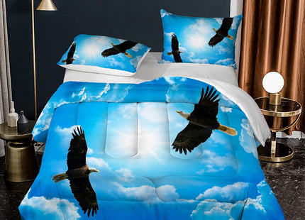 Albideyaa Natural Scenery Print Comforter Set Eagle Flying Over Forest Mountains Landscape King Size Duvet Bedding Set Modern Soft Bald Eagle Pattern Quilt Set with 2Pillowcases