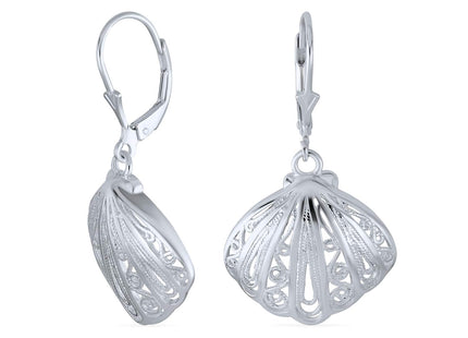 Nautical Seashell Dangle Earrings .925 Sterling Silver Lever Back