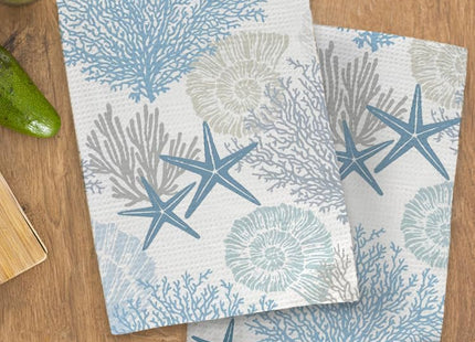 JINYO Beach Kitchen Towels Set of 2, Blue Seashell Coral Starfish Coastal Beach Ocean Hand Towels for Bathroom Kitchen Decor, Summer Nautical Decorative Dish Tea Towels