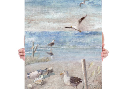 Pyradecor Large Abstract Seaside Seagull Seascape Painting Perching Bird by The Seashore Coastal Beach Canvas Wall Art for Bathroom Living Room Office Decor 20x28inch