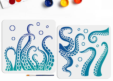 MAYJOYDIY 2pcs Octopus Tentacles Stencil 11.8×11.8inch Summer Sea Life Painting Stencils with Paint Brush Sea Creatures Bubbles Drawing Template for Bathroom Home Decor Walls Furniture