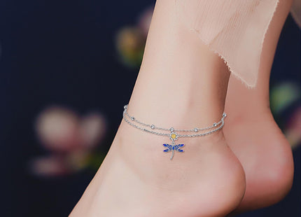 Dragonfly Anklet for Women Sterling Silver Layered Chain Dragonfly Ankle Bracelets Double Link Chain Anklets Jewelry Christmas Gifts (Layered dragonfly anklets)