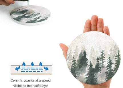 Lahome Forest Pattern Coasters - Round Drinks Absorbent Stone Coaster Set with Ceramic Stone and Cork Base for Kinds of Mugs and Cups (Forest, 4)