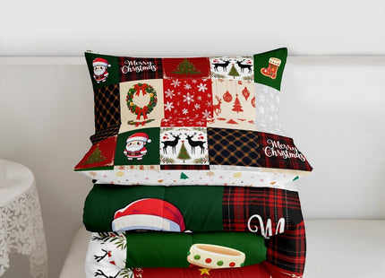 Homewish Merry Christmas Comforter Set Twin Size,Xmas Deer Santa Claus Pine Tree Bedding Set for Kids Girls Boys Red Green Grid Patchwork Plaid Quilt Set Winter Snowflake Duvet Insert,1 Pillowcase