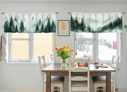 Wssklovj Forest Valance Curtain for Windows 2 Pack Misty Green Pine Nature Tree Mountain Rod Pocket Window Treatments Short Curtains for Kitchen Windows Bathroom Bedroom 54x18 Inch
