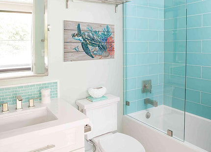 Sea Turtle Bathroom Wall Decor: Teal Coral Canvas Wall Art Sea Turtle Painting Gifts for Turtle Lovers Women Bedroom Office Home Decorations Rustic Swimming Turtle Picture Print Framed 24"x16"