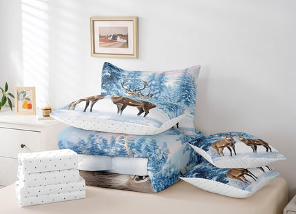 Erosebridal Deer 7 Pcs Comforter Set Twin Size,Winter Snowflake Reversible Bed in a Bag with Flat Sheet and Fitted Sheet,Hunting Deer Wild Animals Wildlife Bedding Set with Pillowcase & Sham