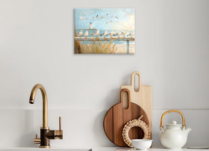 Olivine Beach Wall Art, Coastal Seagull Lighthouse Pictures Wall Decor, Nautical Canvas Prints Painting, Framed Artwork for Living Room Bathroom Bedroom Office Home Decoration 16''x12''