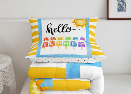 Erosebridal Kids Summer Beach Comforter Set Twin, Yellow Stripes Bedding Set for Girls Boys Teens Women Men Bedroom, Summer Funny Geometric Comforter, Sun Colorful Ice Cream Popsicle Quilt