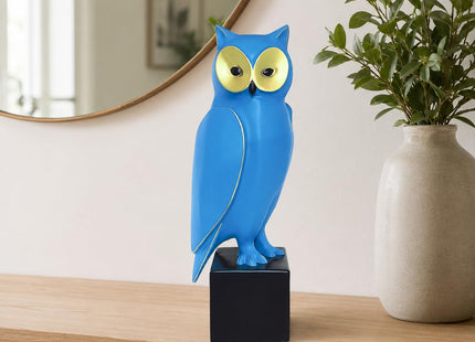 Lodkksg Blue Resin Owl Statue – Mid-Century Modern Owl Sculpture – Retro Owl Art Piece – Freestanding Modern Abstract Home Decor for Living Room, Bookshelf, and Mantel – 15.7-Inch Resin Owl Sculpture