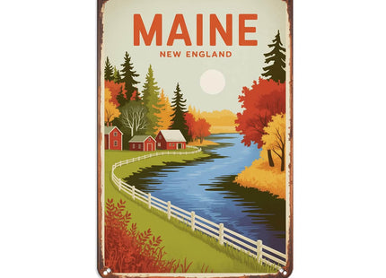 Maine Travel Poster Tin Sign Rustic New England Wall Decor (8X12 IN)