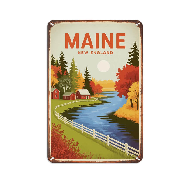 Maine Travel Poster Tin Sign Rustic New England Wall Decor (8X12 IN)