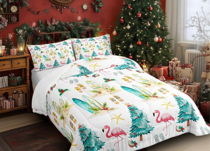 Christmas Beach Bedding Comforter Sets Queen,Watercolor Summer Christmas Trees Flamingo Bedding Set for Bedroom,Seaside Surfboard Slippers Summer Theme with 1 Comforter and 2 Pillow Cases