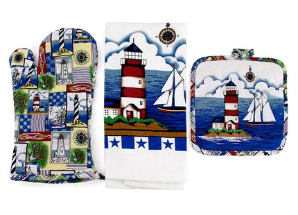 Capes Treasures Nautical Summer Kitchen Set - Dish Towel, Pot Holder, and Oven Mitt (Sailboat and Lighthouses)