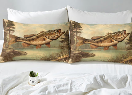 Bass Fish Bedding Set Full Size,Lake House Retro Rustic Style Duvet Cover Set Kids Boys Girls Room Decor,Hunting and Fishing Theme Comforter Cover 3Pcs,Wild Animal Lake Bedspreads Cover,2 Pillowcases