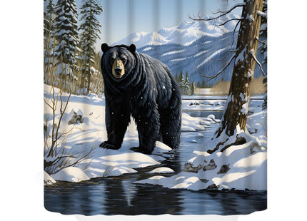 ZKJSMGS Winter Shower Curtain Black Bear Snow Mountain Forest Tree Lake Wildlife Cabin Nature Scenery Blue Bathroom Home Curtain Decor with Hooks,70" Wx70 H