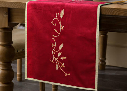 MelonBoat Red Velvet Table Runner with Gold Embroidered Holly Leaf, Luxury Christmas Table Runner for Home Party Decor
