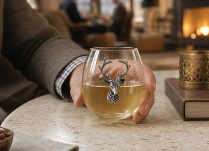 Vagabond House Elk/Deer Stemless Wine Glass, Premium Hand-Blown Crystal, Rustic Lodge Style, Perfect for Red/White Wine, 3.25" Tall, 8 oz - Sold as Single Glass