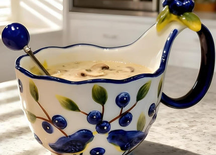 17.64 Oz Microwave Safe Soup Bowl with Loop Handle, Hand Painted Relief Blueberry Decor Mug Big Handle, Ceramic Soup Bowl with Spoon Set for Holding Fruits Cereal Snack, Milk,Ice Cream,Olive and Salsa