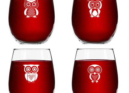 Cute Owl Wine Glass Set of 4 | Stemless Wine Glasses with 4 Unique Loveable Owls | 15 oz. Owl Decor Glasses | Makes Fun Owl for Women | Great Owl Kitchen Decor or New Home Gift Ideas | USA Made