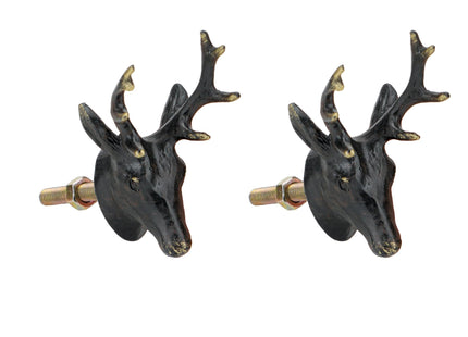 SOFFEE DESIGN 2pcs Black Deer Head Cabinet Metal Knobs, Forest Style, Golden Edge, Antique Dresser Knobs Home Furniture Handle