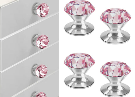 CcHhyyt 4 Pcs Crystal Adhesive Knobs Stick On Cabinet Handle Pink K9 Crystal Pulls Peel and Stick Dresser Pulls for Mirror Cabinet Drill Free Knobs for Glass Sliding Doors Fish Tank Lid Terrarium