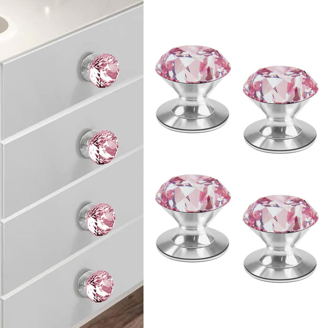 CcHhyyt 4 Pcs Crystal Adhesive Knobs Stick On Cabinet Handle Pink K9 Crystal Pulls Peel and Stick Dresser Pulls for Mirror Cabinet Drill Free Knobs for Glass Sliding Doors Fish Tank Lid Terrarium