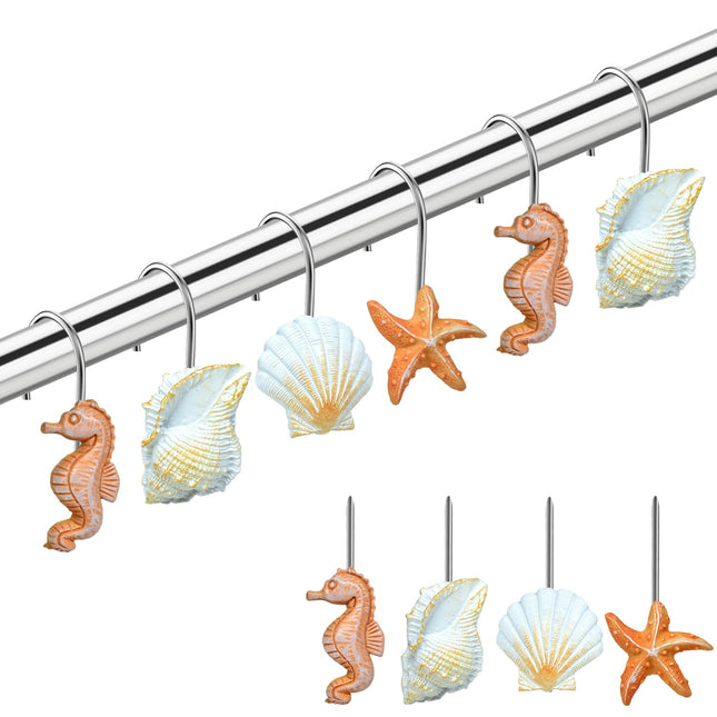 12PCS Seashell Decorative Shower Curtain Hook, Beach Coastal Bathroom Decor