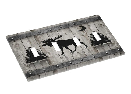 Rustic Deer Moose Forest Tree on Wood Plank Quad Toggle Light Switch Covers Decorative Unique 4 Gang Wall Plate Electrical Faceplate Switchplate for Farmhouse Kitchen Bedroom Bathroom Decor