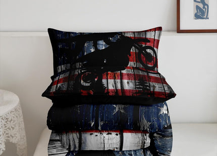 Homewish American Flag Bedding Set Full Size Boys Dirt Bike Racing Motocross Rider Comforter Set Kids Teens Men Rustic Farmhouse Wooden Quilt Set Retro Black Pine Tree Silhouette Duvet Insert 3pcs