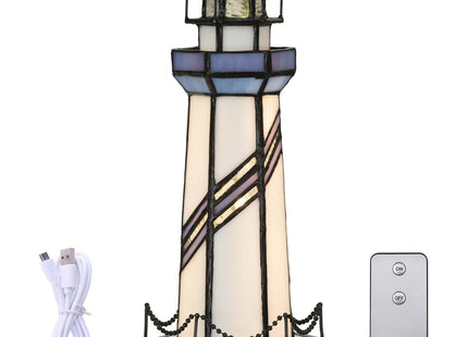 Bieye L10776 Lighthouse Tiffany Style Stained Glass Accent Lamp, 5Wx11H