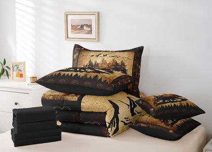 Homewish 7 Pcs Lodge Cabin Comforter Set with Sheets Full Size Retro Grid Animal Paw Print Bedding Sets for Kids Teens Adults All Season Lightweight Soft Comfy Bed Set