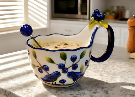 17.64 Oz Microwave Safe Soup Bowl with Loop Handle, Hand Painted Relief Blueberry Decor Mug Big Handle, Ceramic Soup Bowl with Spoon Set for Holding Fruits Cereal Snack, Milk,Ice Cream,Olive and Salsa