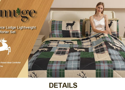 Smuge 7 Piece Queen Size Comforter Set, Lodge Moose Rustic Cabin Bed in a Bag, Soft and Breathable, Green Moose