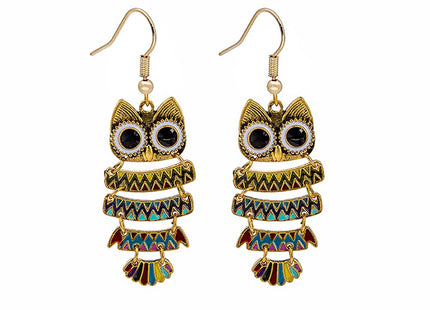 Boho Vintage Owl Drop Earrings, Cute Animal Dangle Earrings With Enamel Owl Hooks - Women's Jewelry